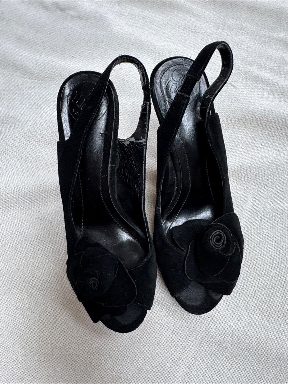 BCBGeneration Black Suede Slingback Heels with Floral Rosette
